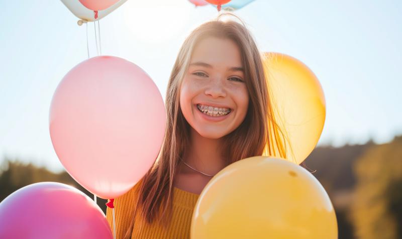 Mädchen mit Zahnspange und Luftballons Mädchen mit Zahnspange und Luftballons